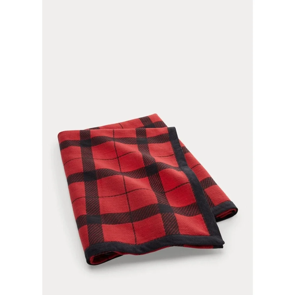 Polo Ralph Lauren‎ Home Oakwood Cotton Throw Red Black Blanket Big Pony 50 X 70